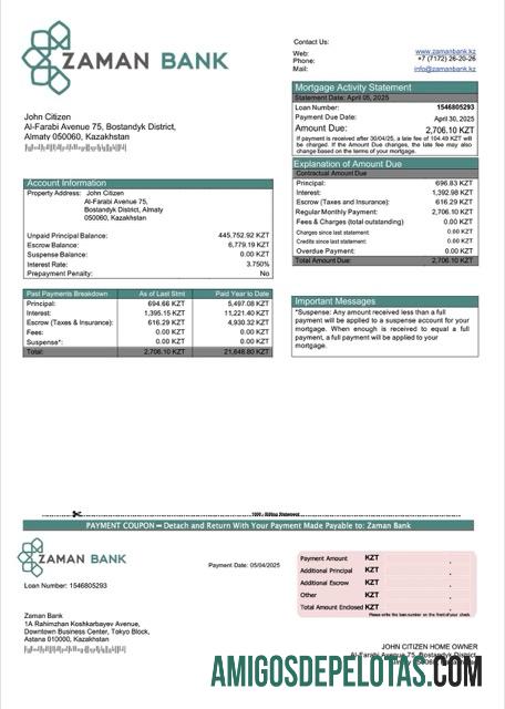 para download Modelo Word e PDF de declaração de hipoteca do Banco Zaman do Cazaquistão